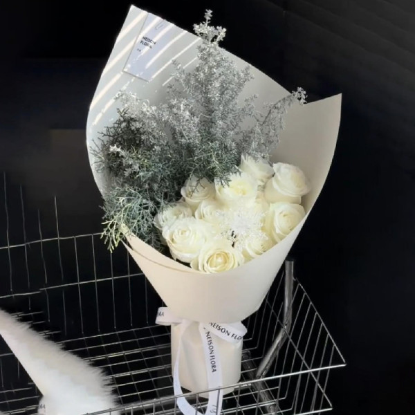Minimalist White Rose Bouquet | Elegant Silver Accent Premium Floral Gift
